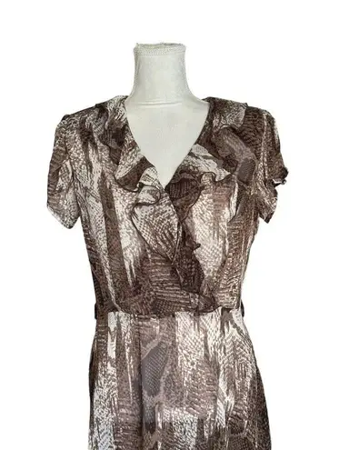 Vintage Y2k 90S Snakeskin Animal Print Ruffles Midi Dress Sheer Shoulder Pads 10 Brown Size undefined