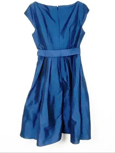 Eshakti Quincy Navy Belted Back Bow Lined Cap Sleeves Pleated Dress, Size 10