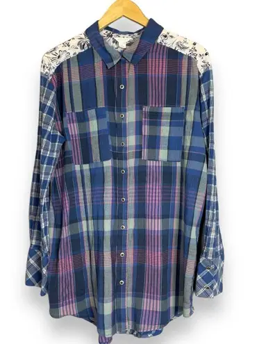 Caslon Blouse Button-Up Patchwork Style Gauzy Medium Shirt Top Blue Long Sleeves