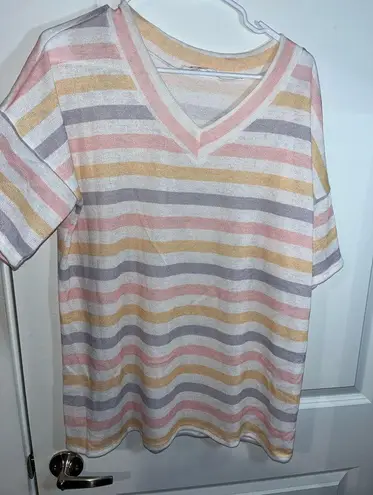 BomBom Pastel Stripped Knitted Spandex Polyester Short Sleeve Blouse Size XL