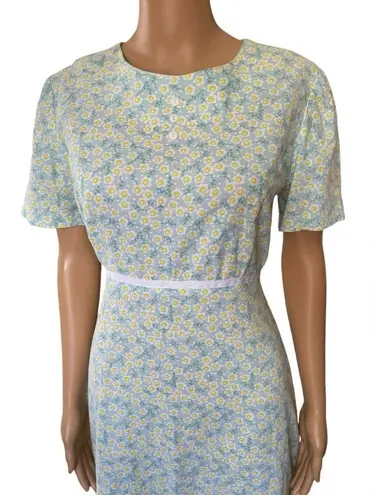 Handmade Vintage 70s Blue White Cottagecore Prairie Preppy Floral Midi Dress Size M