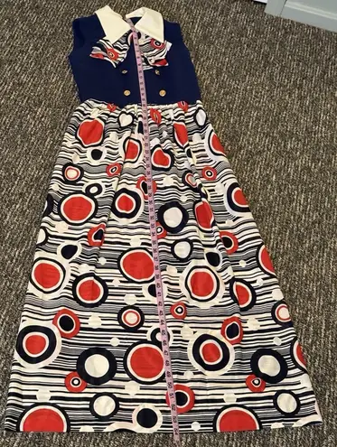Vtg Mod Geometric Print Maxi Dress Red White & Blue 60s 70s Retro Hostess Op Art - Image 1