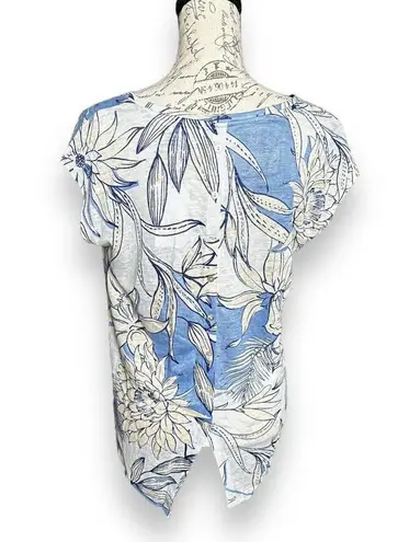 H by Halston New H Halston 100% Linen Knit Button Back Cap Sleeve Top Blue Floral Print Small