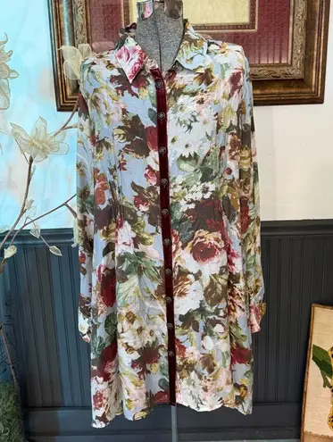 Aratta Silent Journey Silk Blend Floral Button Front Tunic/Dress ~ Size Large 💛🍄 Red