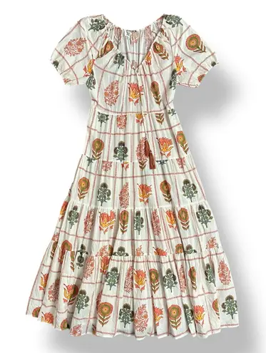 dRA Los Angeles Boho Block Print Cotton Maxi Dress L Floral Peasant Tassel Size L