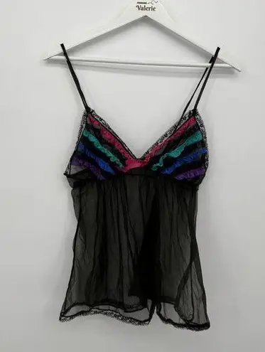 Vintage 80s Black Ruffle Lingerie Tank Top Negligee Sheer Made in USA Size M