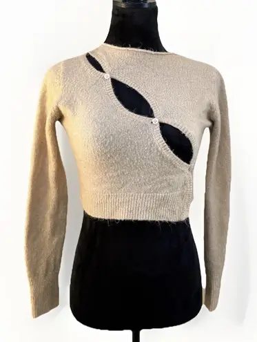 Cream Cottagecore Cutout Sweater Crop Beige Long Sleeve Women's S Asymmetrical Tan