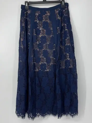 Foxiedox NAVY BLUE LACE BEIGE LINED LONG SIDE ZIP SKIRT MEDIUM