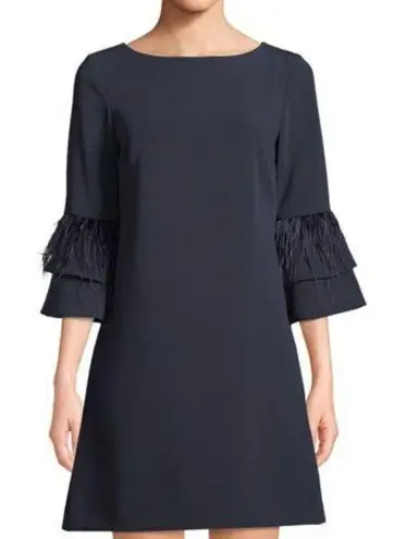Tahari Navy Shift Dress 3/4 Feather Sleeves Size 10 Witchy Grunge Adams Family