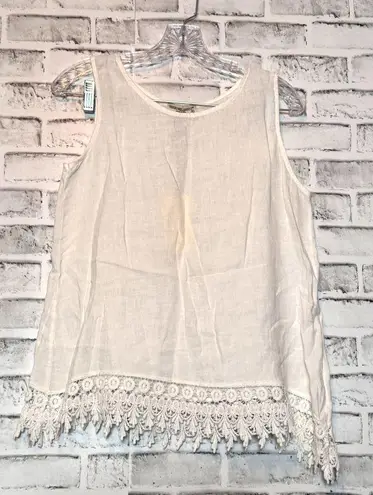 Women's Italian made 100% linen Sleeveless embroidered Lace Hem Top size small White