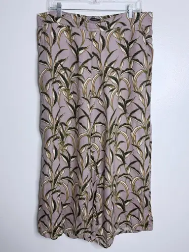 Tahari 100% Linen Wide-Leg Cropped Leaf Pants Elastic Waist Pull On Size XL