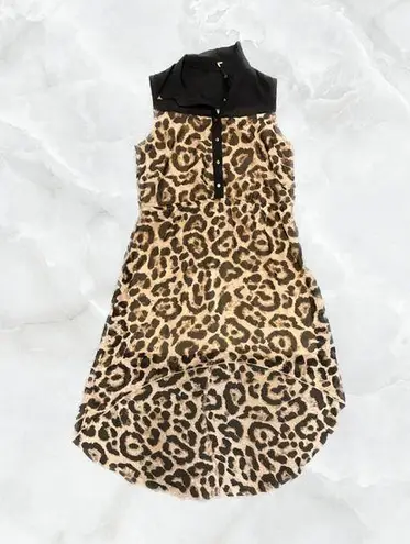 Buttons Leopard Print High Low Sleeveless Dress with