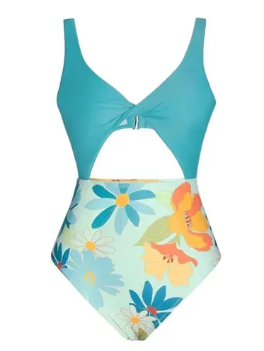 Cupshe Floral Print Twisted Cutout One Piece in Turquoise Size Medium