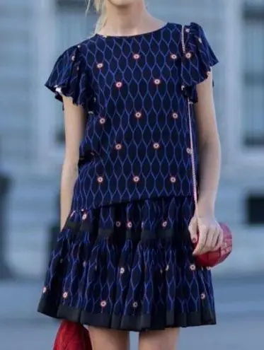 Kenzo x H&M Women's Abstract Print 100% Silk Ruffle Cap Sleeve Blouse Size 2