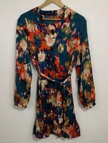 Long Sleeve Teal Abstract Floral Watercolor Knee Length Dress Size M Green Size M