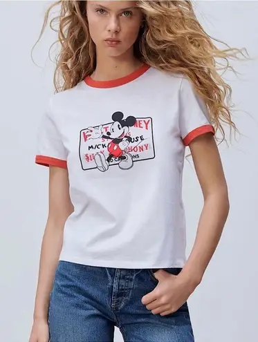 ZARA x Disney RARE Mickey Mouse Graphic White & Red Ringer Shirt Top Size Small