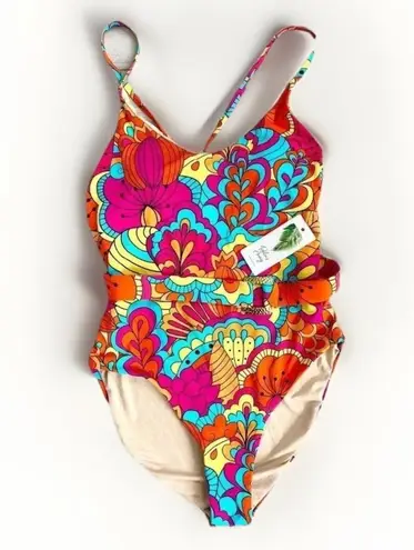 Palms Away Belted One Piece Swimsuit Vibrant Abstract Floral Print Size XS Blue