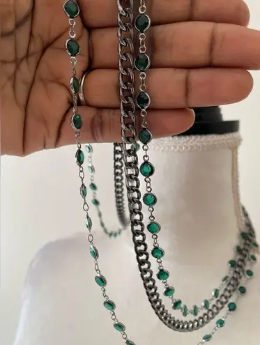 Vera Wang  Multi Layer Green Crystal And Silver Toned Necklace