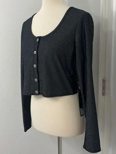 New Carbon38 Medium Black Metallic Ribbed Long Sleeve Shimmer Cropped Cardigan