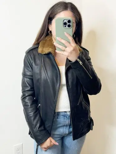 All Saints Sherwood Leather Biker Jacket with Fur Collar in Black Size Small