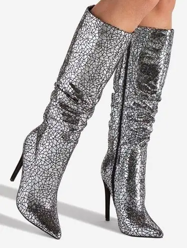 Shoedazzle  Beckey Slouchy Stiletto Boot Faux Leather Silver Foil Size 5.5 New