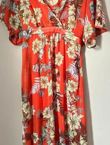 Love, Fire Love Fire Tropical Print Bohemian Floral Flutter Sleeve Semi Sheer Maxi Dress M