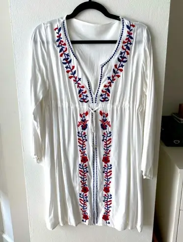 Boho Embroidered Tunic Dress OS/L Floral Plunge Neck Tunic Swim Coverup Kaftan White Size L