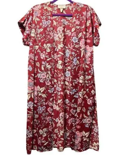 Vintage JCPenney Red Floral Short Sleeve Cardigan Open Front Sheer Casual Lounge Size M