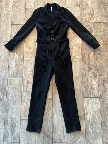 Free People  Denim Jumpsuit size 2 One piece Long Sleeve Romper Black Button‎ Up - Image 1