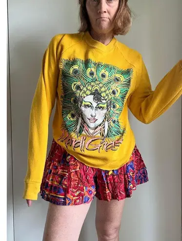 Vintage 80s Sweatshirt Mardi Gras Large Graphic Bright Size L Jerzees tag Fun Yellow