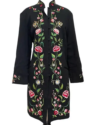 Victor Costa Vintage Floral Embroidered Mandarin Black Knee Length Jacket M Size M
