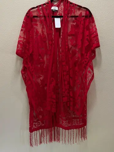 David and Young Red Floral Lace Fringe Kimono Burgundy Style ATO4050 OS NWT Size M