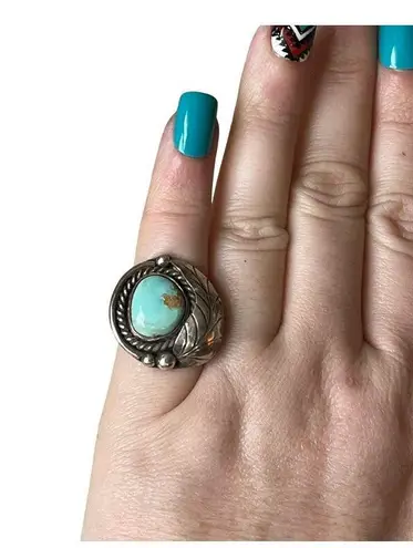 Vintage Blue  Turquoise Leaf Ring, Sterling Silver Native American Ring Sz 4.5