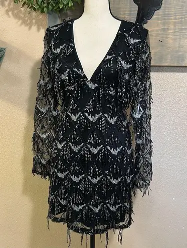 NWT Playful Composure Black Fringe Sequin Mini Dress Size M
