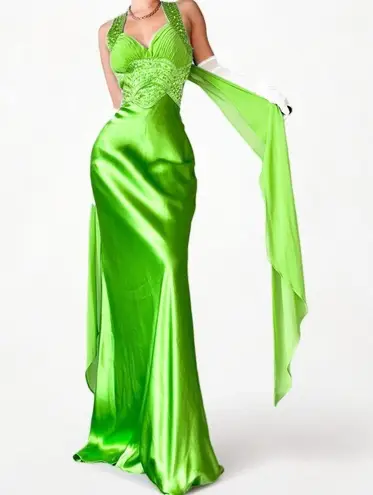 Neon Green Beaded Satin Maxi Bodycon Formal Prom Dress Size S