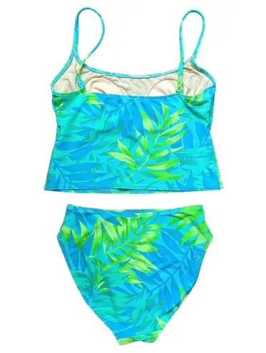 Vtg Y2K Tankini Swim Set Sz 12 Neon Abstract Palm Print High Rise Blue