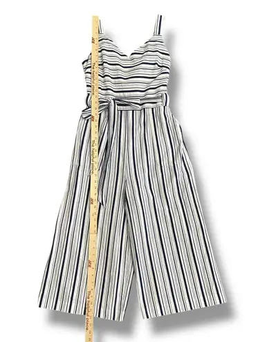 Elle Women’s Striped Jumpsuit L Navy White Belted Wide Leg Cropped Summer Outfit