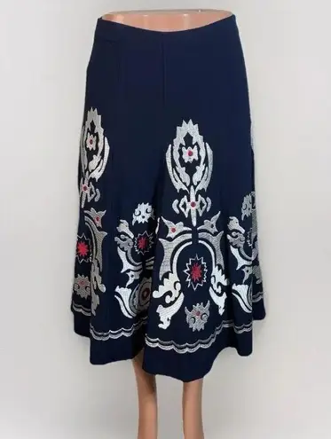 Sunny Leigh Navy & Silver Embroidered Swing Skirt 30s Midi Inspo Women's Size 6