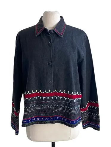 Coldwater Creek Shirt Jacket Womens Sz Large Black Bohemian Southwestern Denim