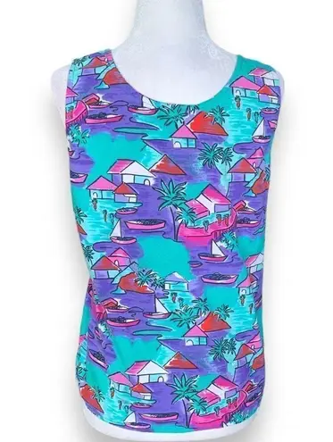 Vintage Petite Notations Tank Top Purple Pink Tropical Beach Palm Print Green Size undefined