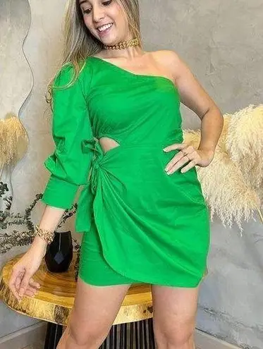 NWT Green One Shoulder Cut Out Side Wraped Tie Long Sleeve Bodycon Sz One Size
