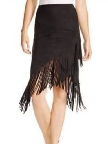 AQUA  Women's Faux Suede Long Fringed Asymmetrical Wrap Style Black Skirt Size S