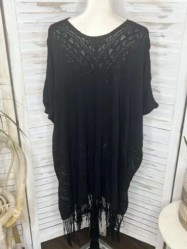 BCBGMAXAZRIA  Women's M L Drue Pointelle Sheer Lace Fringe Poncho Black Boho Goth