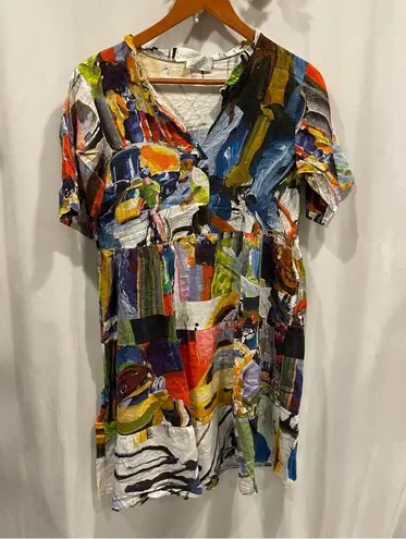 AQRL abstract art roll sleeve Basquiat ruffle mini linen blend breezy boutique Red