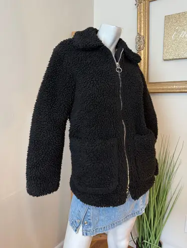 Topshop  Black Borg Zip Up Black Teddy Jacket Womens US 4