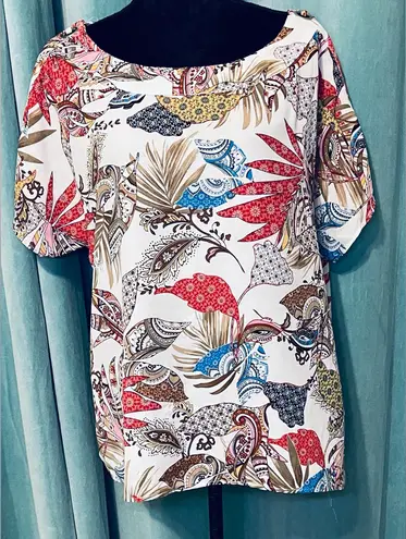 Melissa Paige Blouse SZXL White Popover Split Grommet Sleeve Geo Nature Print