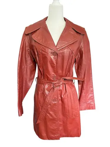 Vintage Dark Orange Leather Longline Trench Coat 70's Chic Size 12