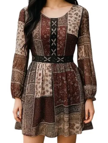 Hommage Women's Patchwork Long Sleeve Mini Dress Size Medium Red Black Tan