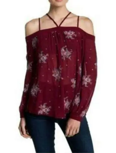 Ro & De Womens Off the Shoulder Peasant Embroidered Sheer Blouse Burgundy Sz M