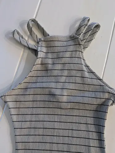 May pink Bodycon Dress – Gray Blue with Black Stripes, Size Small – Strappy Back & Front Slit